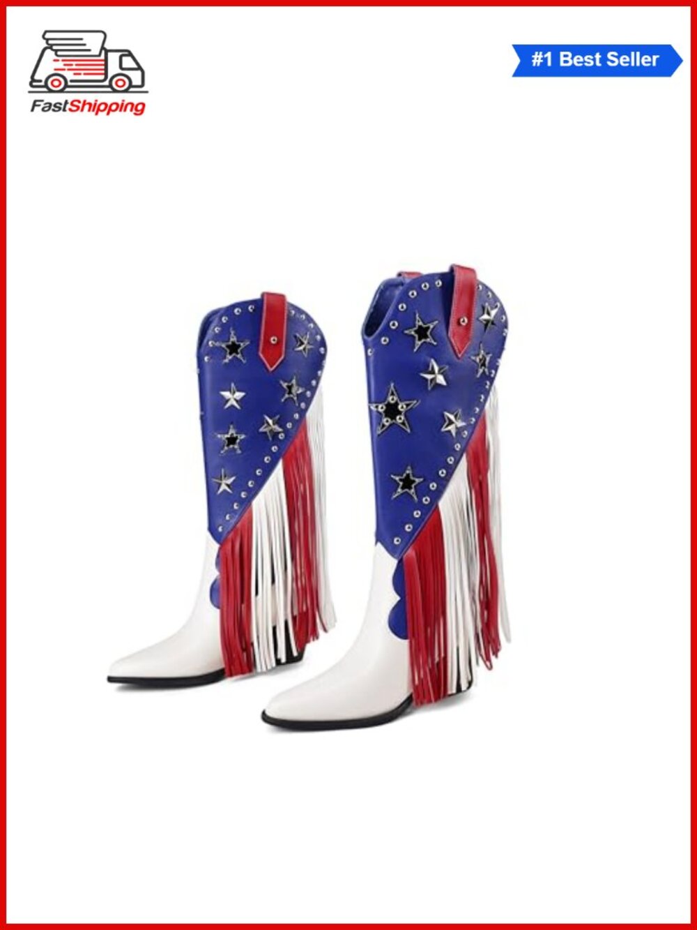 ✨HiColor Women's Patriotic Fringe Studded Cowboy Boots Pointed Toe Chunky Heel